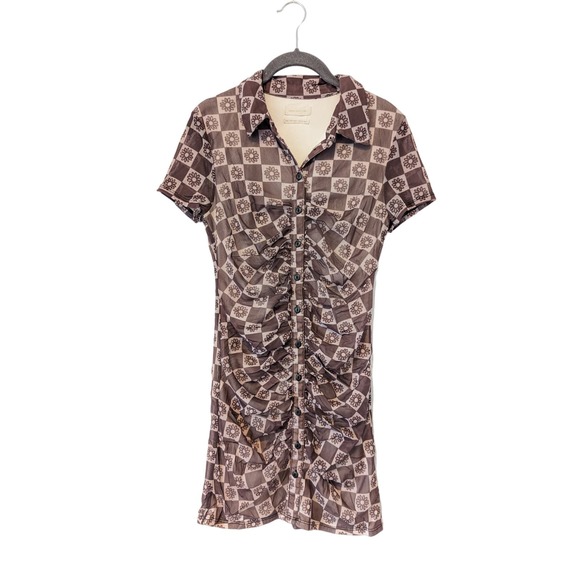 Urban Outfitters Dresses & Skirts - Urban Outfitters Retro Checkered Ruched Mini Dress, Hippie Flowers